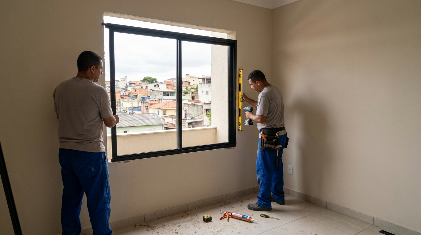 Esquadria de alumínio em quarto bege em Barueri-SP