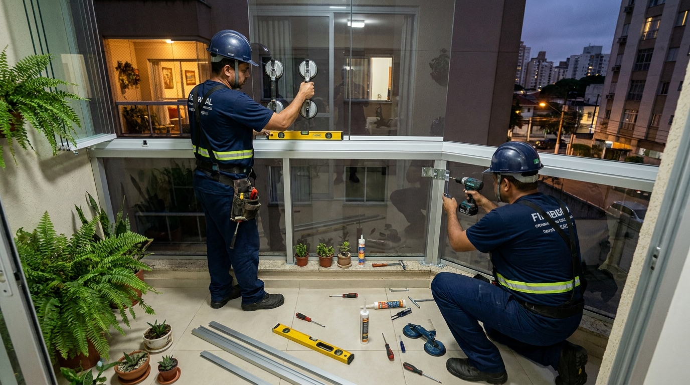 Instalação noturna de parede de vidro em Barueri-SP