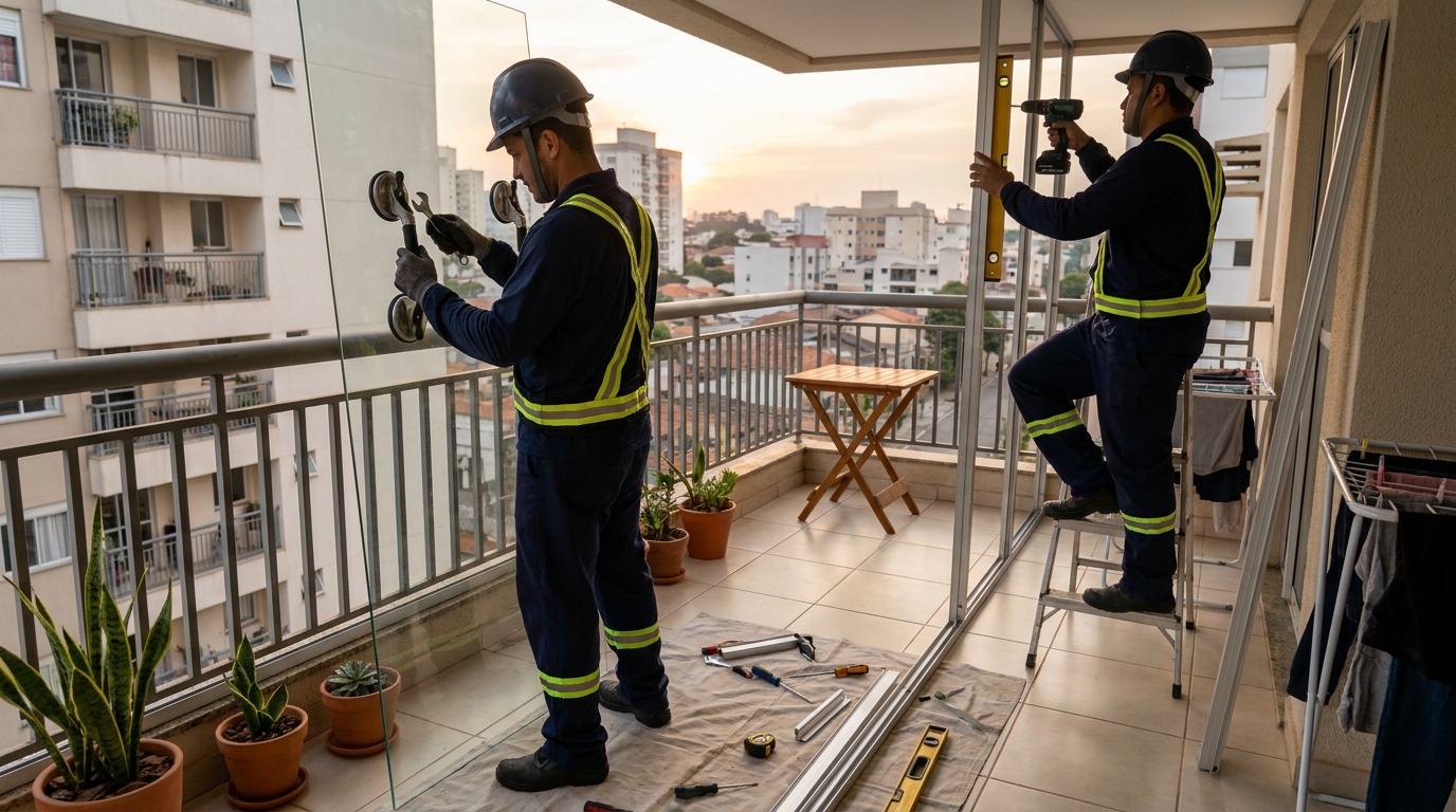 Instalação de parede de vidro em sacada em Barueri-SP